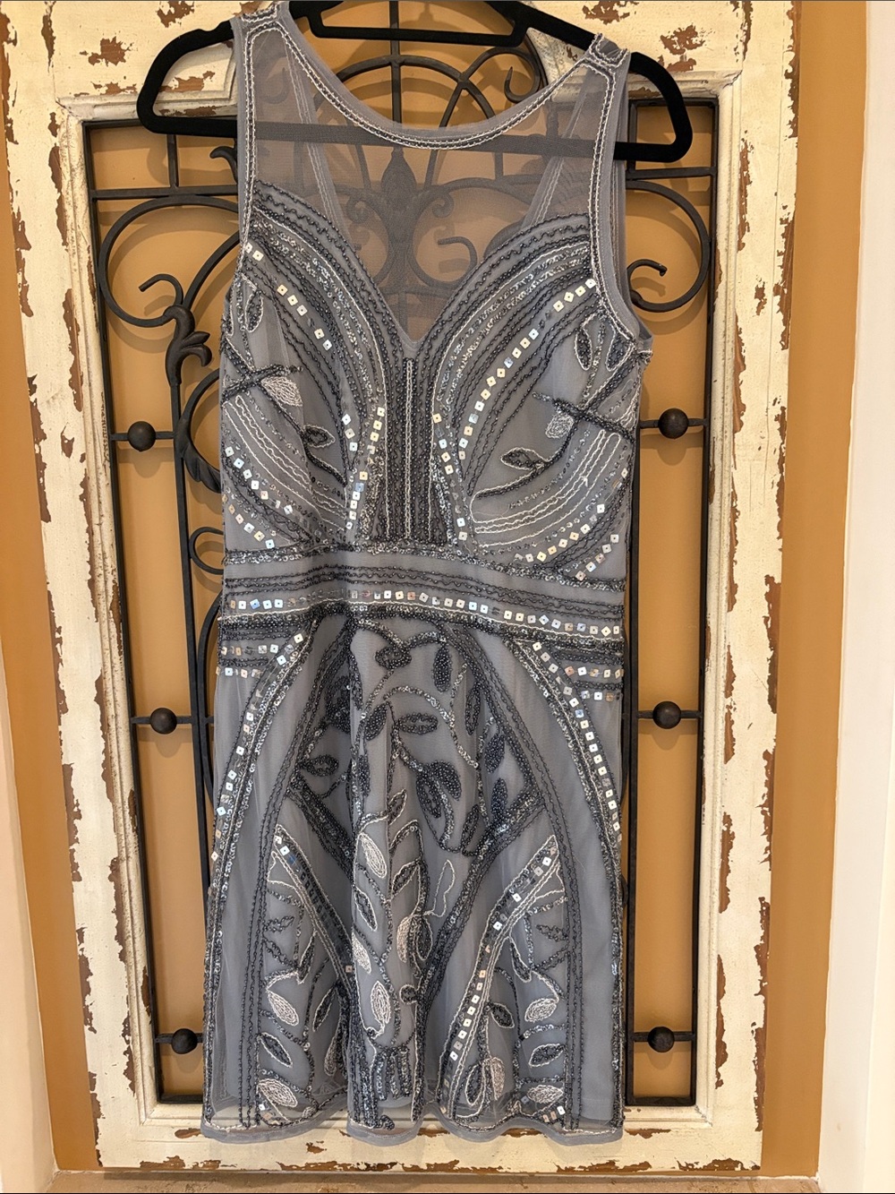 Spense Silver Beaded Mesh Mini Dress. Zipper in back